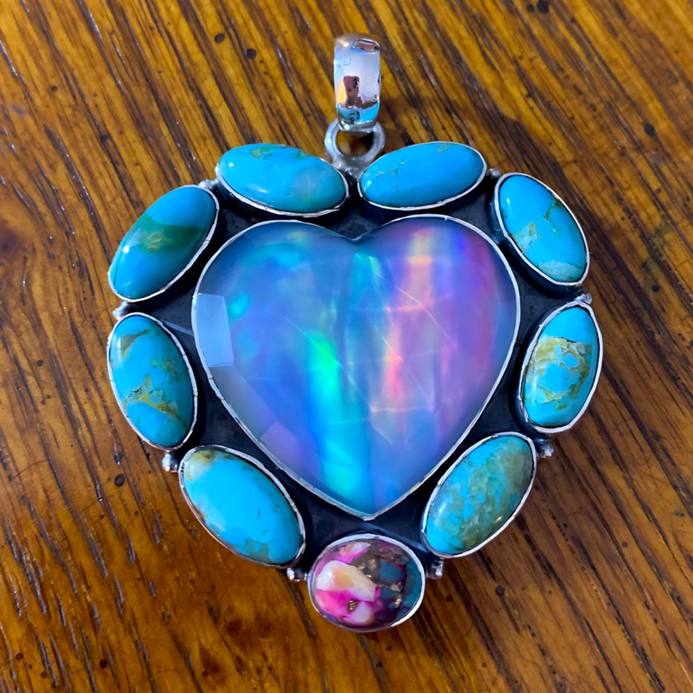 Large Heart-Shaped Sterling Silver Pendant with turquoise and opal stones.